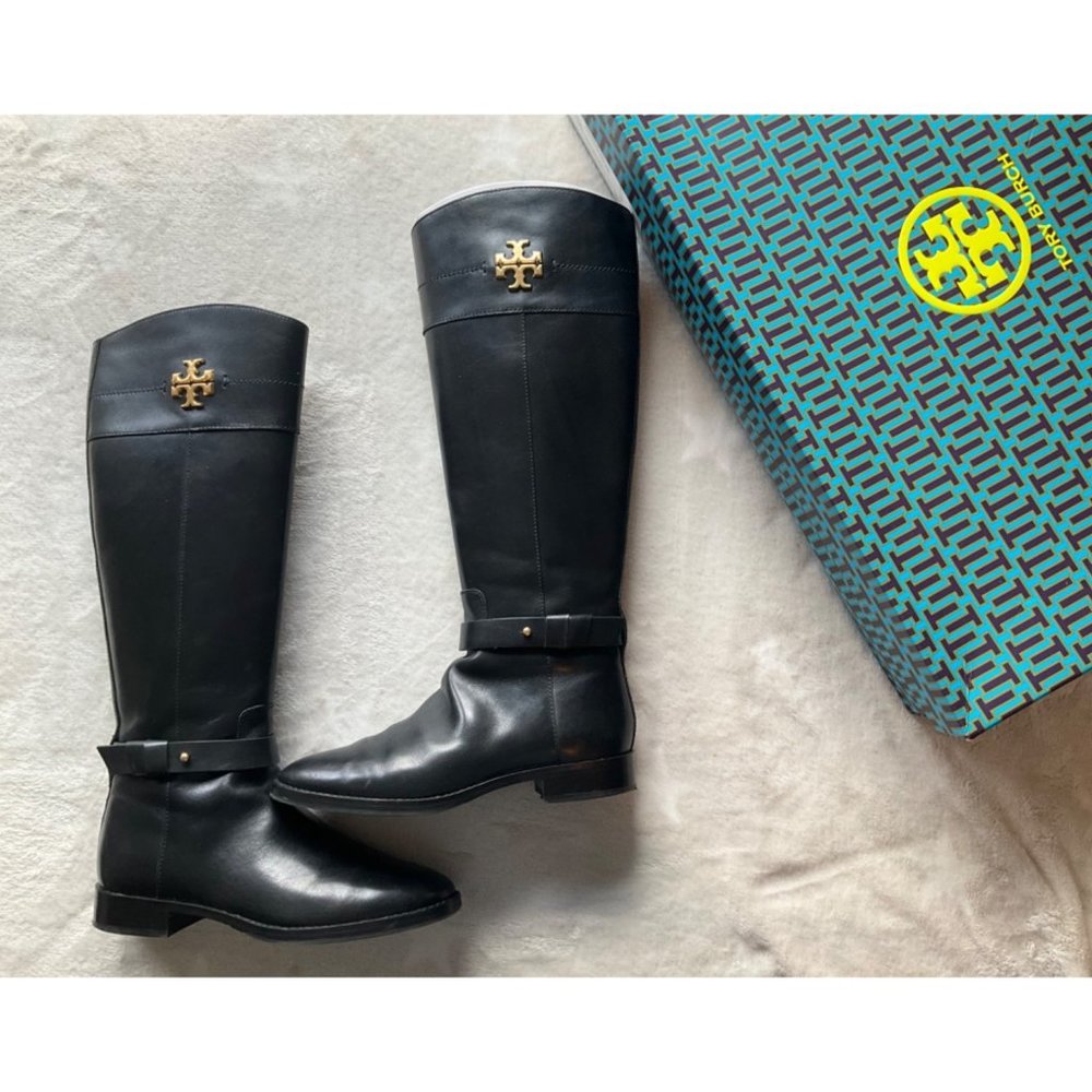 Tory Burch Everly Black Logo Knee High Leather Riding Boots size 7M - Picture 1 of 16
